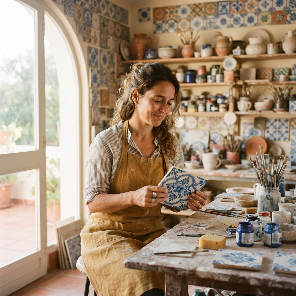 Sasha Bernardes in her studio, holding a hand-painted tile