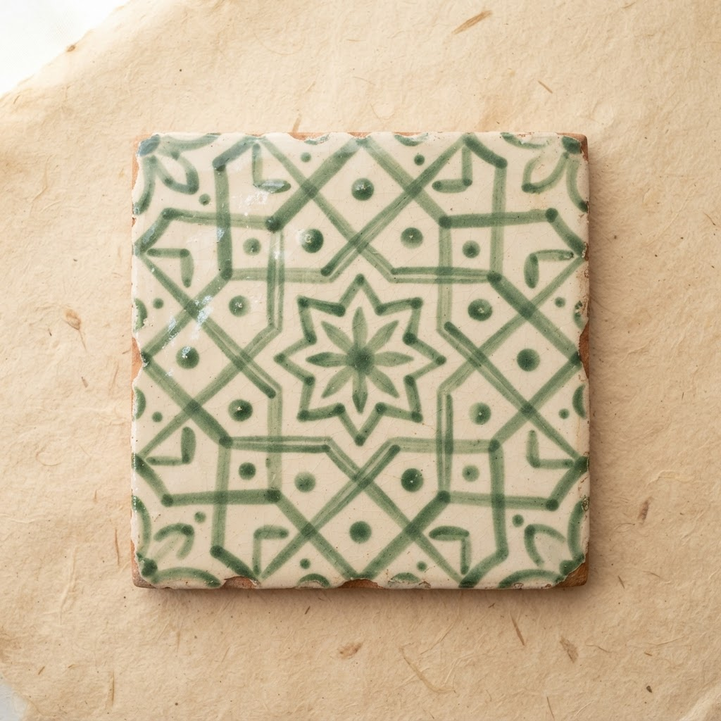 Folhas — Sage & Cream hand-painted tile